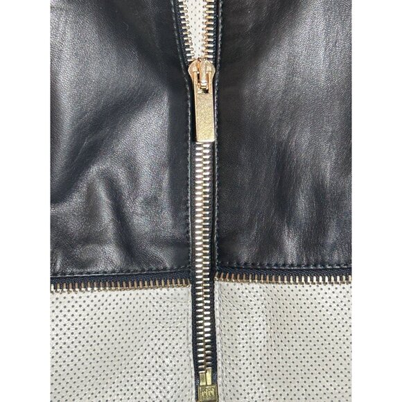 St John Women's Leather Zipper Moto Jacket in Cavier/Cream - Sz 4 - NWT - Picture 7 of 11